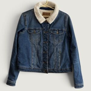 BBJ Jacket Womens Large Blue Denim Sherpa Lined Button Front Short Cozy Warm